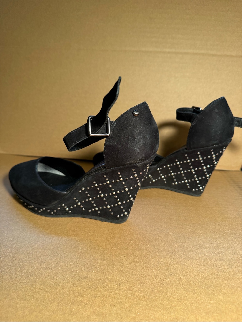Simple Black Studded Wedge Sandals with Ankle Strap - Picture 2 of 7